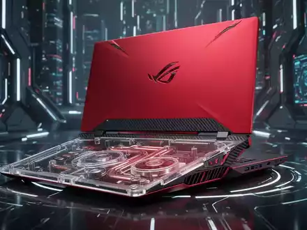 A high-performance AI laptop in Rosso Magma with a transparent base revealing internal components, set against a futuristic backdrop. - Foto: über boerse-global.de