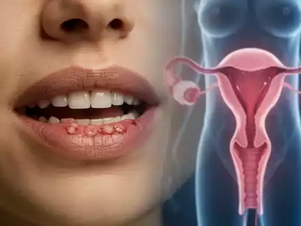 Nahaufnahme eines Mundes mit Anzeichen von Zahnfleischentzündungen, verschwommen übergehend in weibliche Fortpflanzungsorgane, die den Zusammenhang symbolisieren. - Foto: über boerse-global.de
