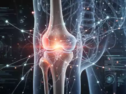 Ein stilisiertes menschliches Knie- und Hüftgelenk, überlagert mit leuchtenden Datenpunkten und komplexen neuronalen Netzen. - Foto: über boerse-global.de