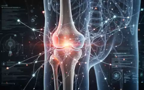 Ein stilisiertes menschliches Knie- und Hüftgelenk, überlagert mit leuchtenden Datenpunkten und komplexen neuronalen Netzen. - Foto: über boerse-global.de