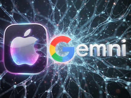 A stylized depiction of the Apple Siri icon seamlessly merging with the Google Gemini logo, set against an abstract digital neural network background. - Foto: über boerse-global.de