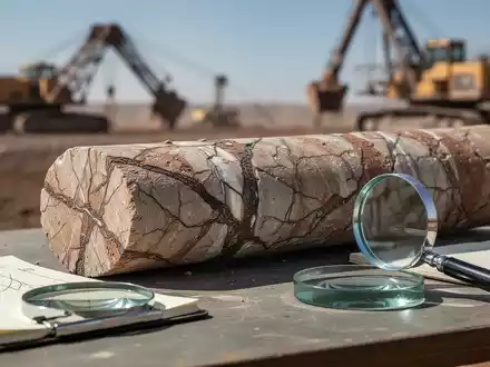 Nahaufnahme eines Bohrkerns mit Mineraladern auf einem Geologentisch, daneben Lupe und Notizbuch. - Foto: über boerse-global.de