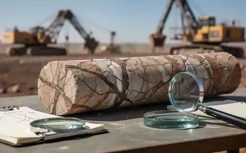 Nahaufnahme eines Bohrkerns mit Mineraladern auf einem Geologentisch, daneben Lupe und Notizbuch. - Foto: über boerse-global.de