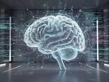 A glowing, intricate AI brain or neural network forming a complex operating system interface with abstract code and data streams. - Foto: über boerse-global.de