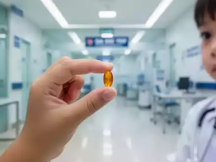 Ein Kind hält eine orangefarbene Vitaminkapsel. Im Hintergrund ist eine verschwommene medizinische Einrichtung zu sehen. - Foto: über boerse-global.de