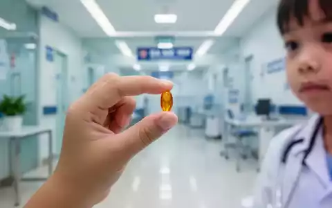 Ein Kind hält eine orangefarbene Vitaminkapsel. Im Hintergrund ist eine verschwommene medizinische Einrichtung zu sehen. - Foto: über boerse-global.de