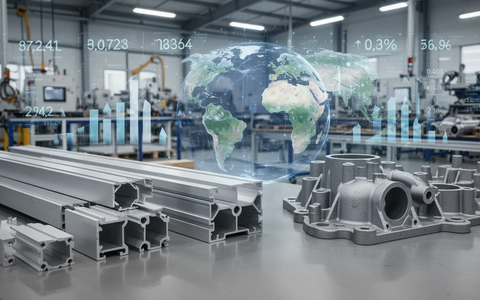 Nahaufnahme von Aluminium-Strangpressprofilen und Gusskomponenten in einer modernen Fabrik, die globale Lieferketten und CO2-Regulierungen andeutet. - Foto: über boerse-global.de