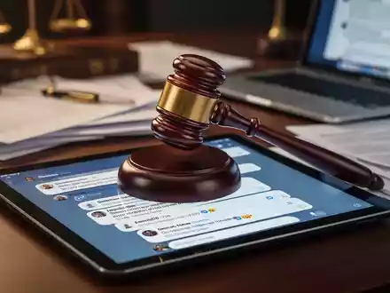 Ein stilisierter Hammer trifft auf einen digitalen Tablet-Bildschirm, der Social-Media-Kommentare zeigt, mit verschwommenen Rechtsdokumenten im Hintergrund. - Foto: über boerse-global.de