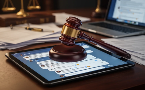 Ein stilisierter Hammer trifft auf einen digitalen Tablet-Bildschirm, der Social-Media-Kommentare zeigt, mit verschwommenen Rechtsdokumenten im Hintergrund. - Foto: über boerse-global.de