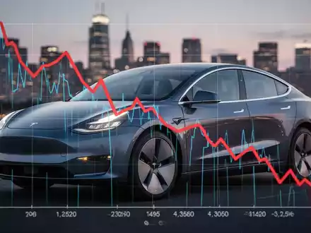 Ein modernes Elektro-Firmenfahrzeug, teilweise verdeckt von einem fallenden Finanzdiagramm, vor einer verschwommenen Stadtkulisse bei Dämmerung. - Foto: über boerse-global.de