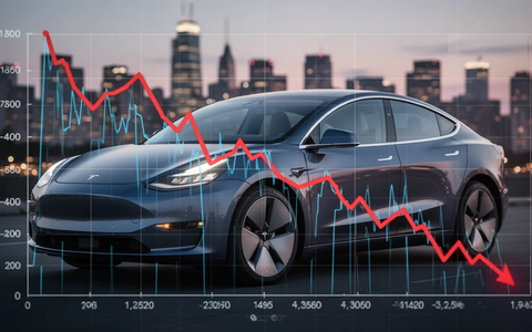 Ein modernes Elektro-Firmenfahrzeug, teilweise verdeckt von einem fallenden Finanzdiagramm, vor einer verschwommenen Stadtkulisse bei Dämmerung. - Foto: über boerse-global.de
