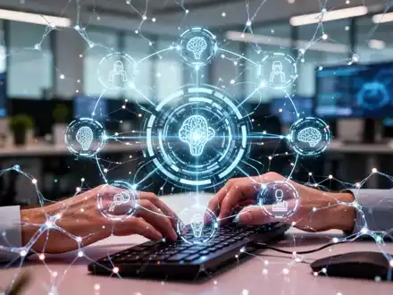 A developer's hands typing on a keyboard, with an abstract holographic interface showing multiple AI agent icons orbiting a central point. - Foto: über boerse-global.de