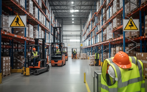 Ein modernes Logistiklager mit hohen Regalen, Gabelstaplern und Arbeitern, die Sicherheitsausrüstung tragen und Vorschriften beachten. - Foto: über boerse-global.de