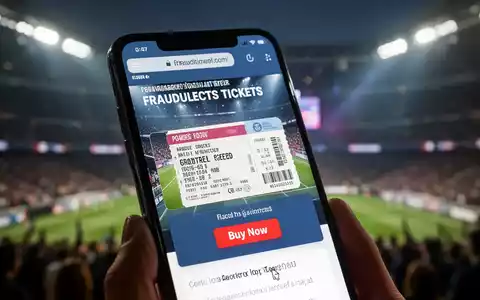 Nahaufnahme eines Smartphones mit einer gefälschten Ticket-Website, im Hintergrund ein unscharfes Stadion oder eine Konzerthalle. - Foto: über boerse-global.de