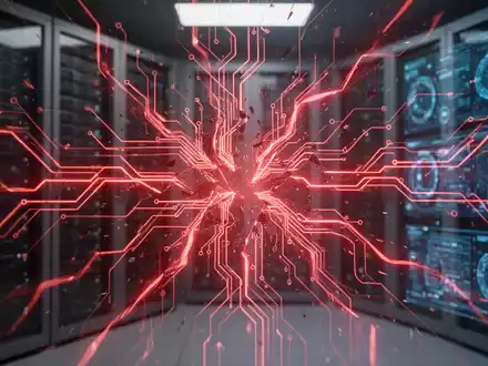 Abstract digital illustration showing a network of circuits and data streams with broken red lines, symbolizing AI system failures and errors. - Foto: über boerse-global.de
