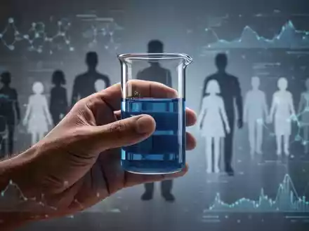 Eine Hand hält ein Reagenzglas mit blauer Flüssigkeit, im Hintergrund verschwommene Silhouetten von Menschen und digitale Datenvisualisierungen. - Foto: über boerse-global.de