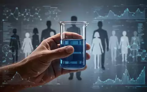 Eine Hand hält ein Reagenzglas mit blauer Flüssigkeit, im Hintergrund verschwommene Silhouetten von Menschen und digitale Datenvisualisierungen. - Foto: über boerse-global.de