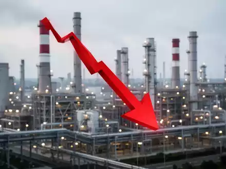 Roter Abwärtspfeil über einem unscharfen Kraftwerk, der einen starken Rückgang des Aktienkurses symbolisiert. - Foto: über boerse-global.de