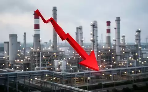 Roter Abwärtspfeil über einem unscharfen Kraftwerk, der einen starken Rückgang des Aktienkurses symbolisiert. - Foto: über boerse-global.de
