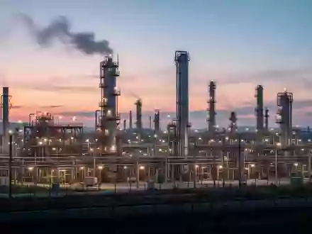 Eine weitläufige Chemieanlage bei Sonnenuntergang, mit rauchenden Schornsteinen und einem komplexen Netzwerk von Rohren und Gebäuden. - Foto: über boerse-global.de