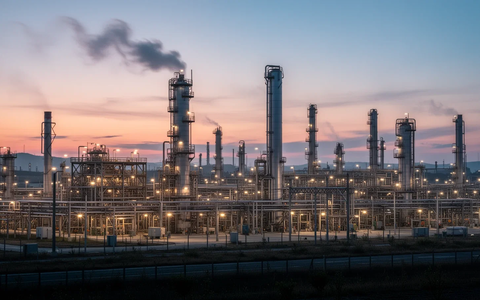 Eine weitläufige Chemieanlage bei Sonnenuntergang, mit rauchenden Schornsteinen und einem komplexen Netzwerk von Rohren und Gebäuden. - Foto: über boerse-global.de