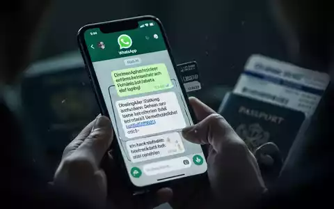 Ein Smartphone zeigt eine betrügerische WhatsApp-Nachricht mit Buchungsdetails, im Hintergrund sind Hände und Reisedokumente zu erkennen. - Foto: über boerse-global.de