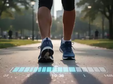 Füße in Sportschuhen gehen auf einem Weg, mit einer dezenten digitalen Anzeige von Schritten auf dem Boden. - Foto: über boerse-global.de