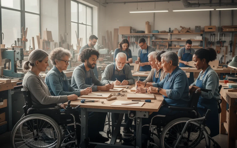 Eine Gruppe von Menschen mit Behinderungen arbeitet konzentriert in einer modernen Werkstatt, die Zusammenarbeit und Inklusion betont. - Foto: über boerse-global.de