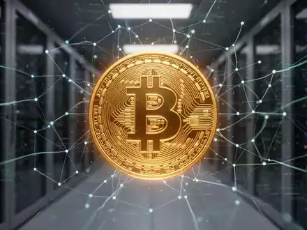 Ein stilisiertes, leuchtendes goldenes Bitcoin-Symbol im Zentrum eines digitalen Netzwerks mit Datenströmen und Servern im Hintergrund. - Foto: über boerse-global.de