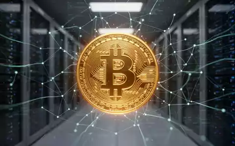 Ein stilisiertes, leuchtendes goldenes Bitcoin-Symbol im Zentrum eines digitalen Netzwerks mit Datenströmen und Servern im Hintergrund. - Foto: über boerse-global.de