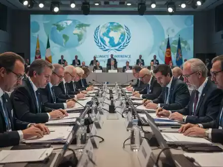 Internationale Delegierte in einem modernen Konferenzsaal, die über Nachhaltigkeitsmanagement und Klimaschutz diskutieren. - Foto: über boerse-global.de