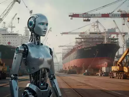 A humanoid robot, Alice, with a metallic finish, navigates a busy shipyard in South Korea, surrounded by industrial equipment and ships. - Foto: über boerse-global.de
