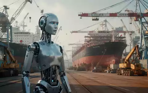 A humanoid robot, Alice, with a metallic finish, navigates a busy shipyard in South Korea, surrounded by industrial equipment and ships. - Foto: über boerse-global.de