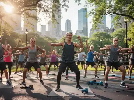 Eine vielfältige Gruppe von Menschen jeden Alters nimmt an einem Outdoor-Fitnesskurs in einem sonnigen Stadtpark teil. - Foto: über boerse-global.de