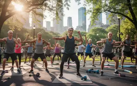 Eine vielfältige Gruppe von Menschen jeden Alters nimmt an einem Outdoor-Fitnesskurs in einem sonnigen Stadtpark teil. - Foto: über boerse-global.de