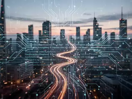 Eine futuristische, verschwommene Stadtlandschaft bei Dämmerung mit einem digitalen Overlay aus Gesetzestexten und Schaltkreisen, das KI-Regulierung in der EU darstellt. Ein subtiler, leitender Lichtpfad deutet auf verzögerten Fortschritt hin. - Foto: über boerse-global.de