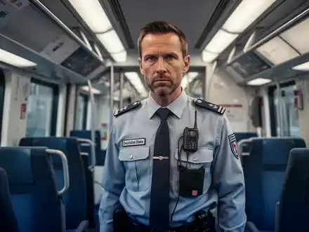 Ein Zugbegleiter der Deutschen Bahn mit Bodycam steht in einem modernen Zugabteil, symbolisiert erhöhte Sicherheit. - Foto: über boerse-global.de