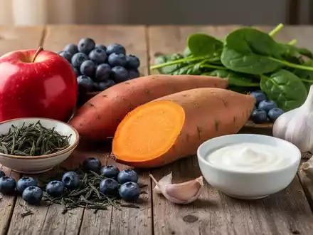 Eine kunstvolle Anordnung von Lebensmitteln wie Äpfeln, Süßkartoffeln, Blaubeeren, Spinat, Knoblauch und Joghurt auf einem Holztisch. - Foto: über boerse-global.de