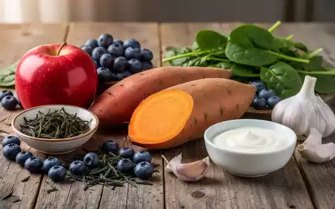 Eine kunstvolle Anordnung von Lebensmitteln wie Äpfeln, Süßkartoffeln, Blaubeeren, Spinat, Knoblauch und Joghurt auf einem Holztisch. - Foto: über boerse-global.de
