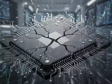 Abstrakte Darstellung eines Mikrochips mit Rissen, die eine Marktkorrektur symbolisieren, im Kontext der Technologiebranche. - Foto: ĂŒber boerse-global.de
