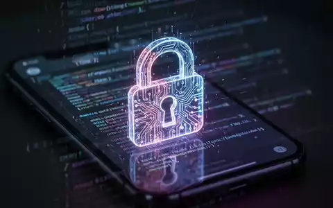 Digital lock icon with glowing circuits over a blurred iPhone screen displaying code, symbolizing mobile security and data protection. - Foto: über boerse-global.de