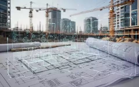 Nahaufnahme eines Bauplans mit digitalen Overlays und einem verschwommenen Bauprojekt im Hintergrund, das Vereinfachung und Innovation im Bauwesen darstellt. - Foto: über boerse-global.de