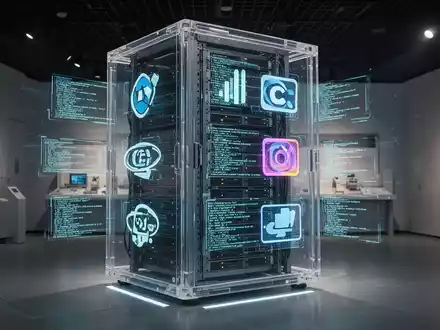 Holographic projections of vintage operating system logos and code within a futuristic server rack in a digital museum. - Foto: über boerse-global.de