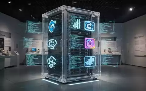 Holographic projections of vintage operating system logos and code within a futuristic server rack in a digital museum. - Foto: über boerse-global.de