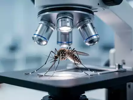 Nahaufnahme einer Mücke unter einem Mikroskop in einem Labor mit steriler blauer und weißer Beleuchtung, die wissenschaftliche Forschung symbolisiert. - Foto: über boerse-global.de