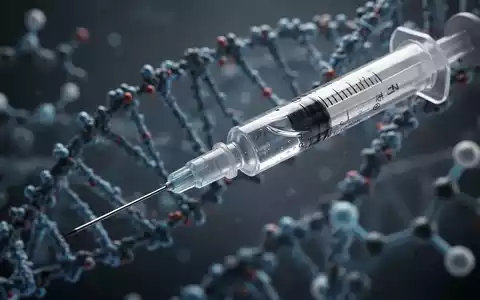 Nahaufnahme einer modernen Spritze mit flüssigem Medikament, im Hintergrund verschwommen DNA-Stränge und molekulare Strukturen. - Foto: über boerse-global.de