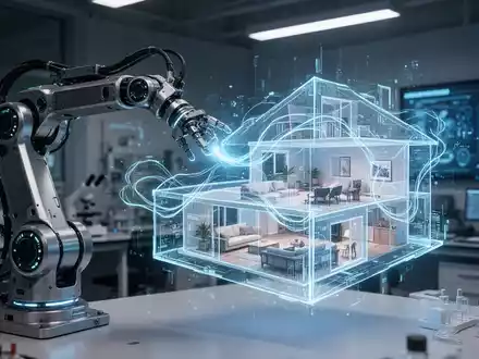 A robot arm interacts with a glowing holographic 3D model of a home, symbolizing advanced robotics and spatial intelligence. - Foto: über boerse-global.de