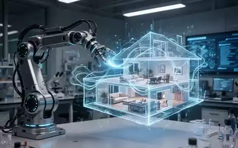A robot arm interacts with a glowing holographic 3D model of a home, symbolizing advanced robotics and spatial intelligence. - Foto: über boerse-global.de