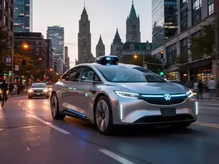 A sleek, driverless robotaxi navigates a busy Toronto street at dusk, with the city's skyline in the background. - Foto: über boerse-global.de