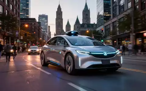 A sleek, driverless robotaxi navigates a busy Toronto street at dusk, with the city's skyline in the background. - Foto: über boerse-global.de
